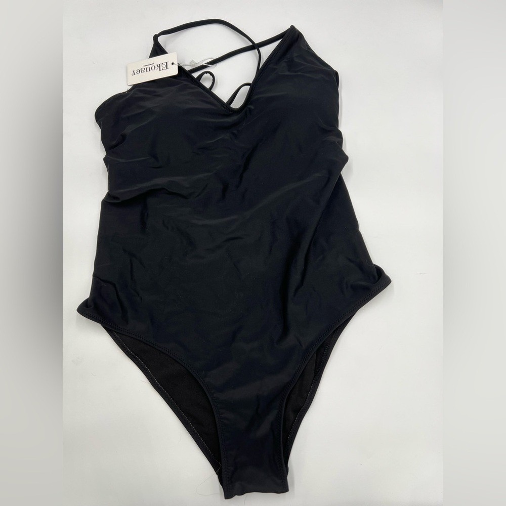 Ekouaer Womens Black One Piece Swimsuit V-Neck Lace Up Back Bodysuit NWT - Picture 7 of 13